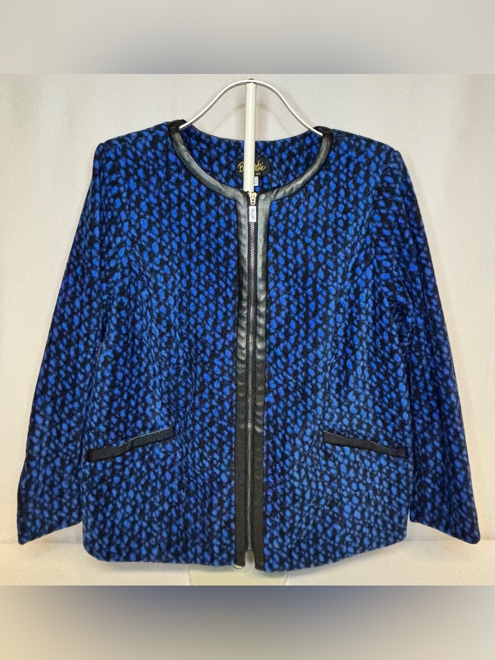 Bob Mackie Wearable Art Fleece Zip Jacket 1X Blue Black Faux Leather TrimA268376